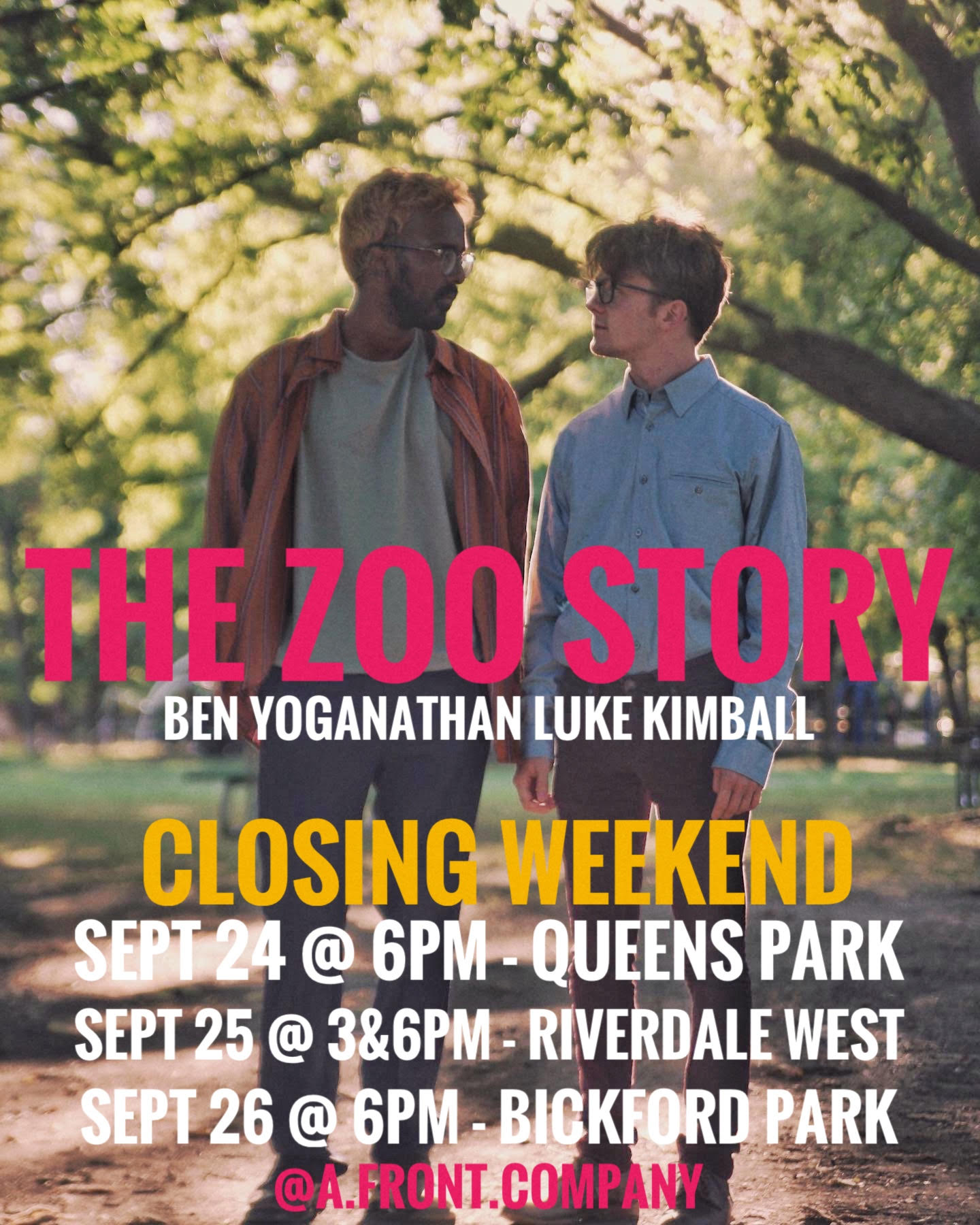 Poster for The Zoo Story. An image of two actors side by side, looking at eachother in a park. Overlaid text gives the dates for performances